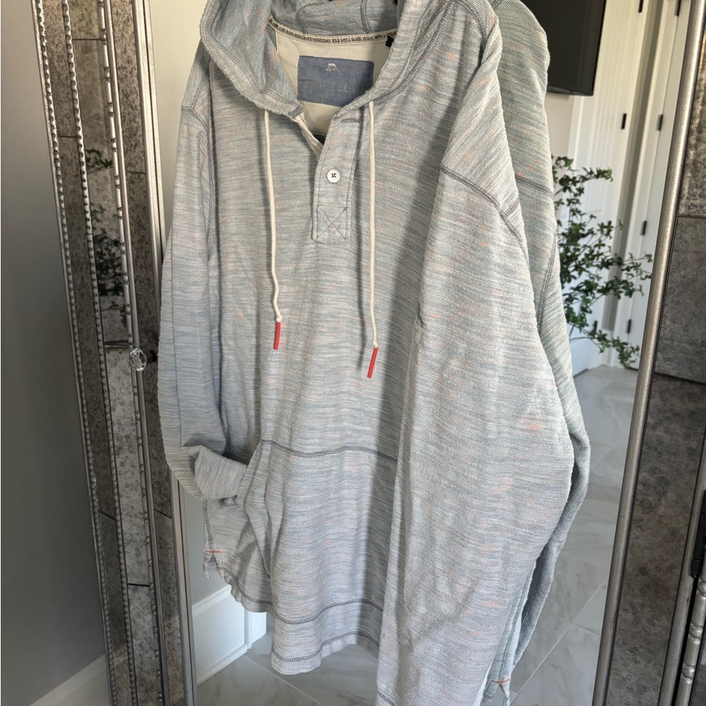 Gray Striped Hoodie with Red Accents
